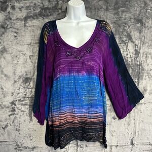 Greater Good Tunic Top Women's L/XL Hand Dyed Beaded Gauze Beachy Boho Purple